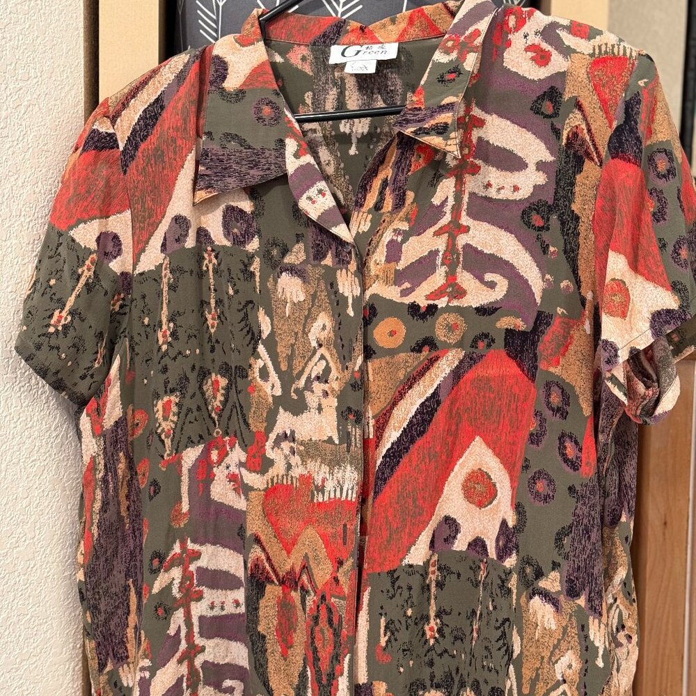 MULTI COLOR BUTTON FRONT SHORT SLEEVE LADIES BLOUSE